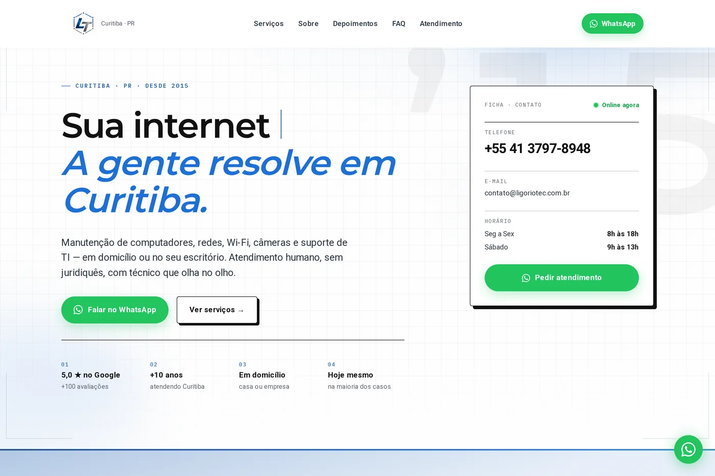 Print da home da LigorioTec — suporte de TI em Curitiba com card de contato e CTA de WhatsApp