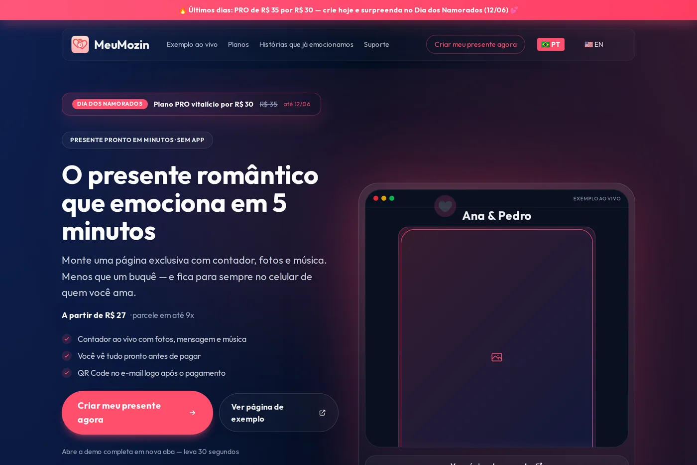 Print da home do Meu Mozin — presente digital romântico com preview e planos em português