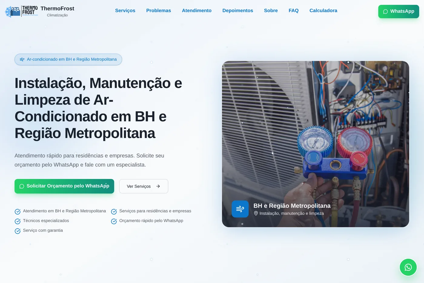 Print da home da ThermoFrost — instalação e manutenção de ar-condicionado em BH, com CTA de WhatsApp
